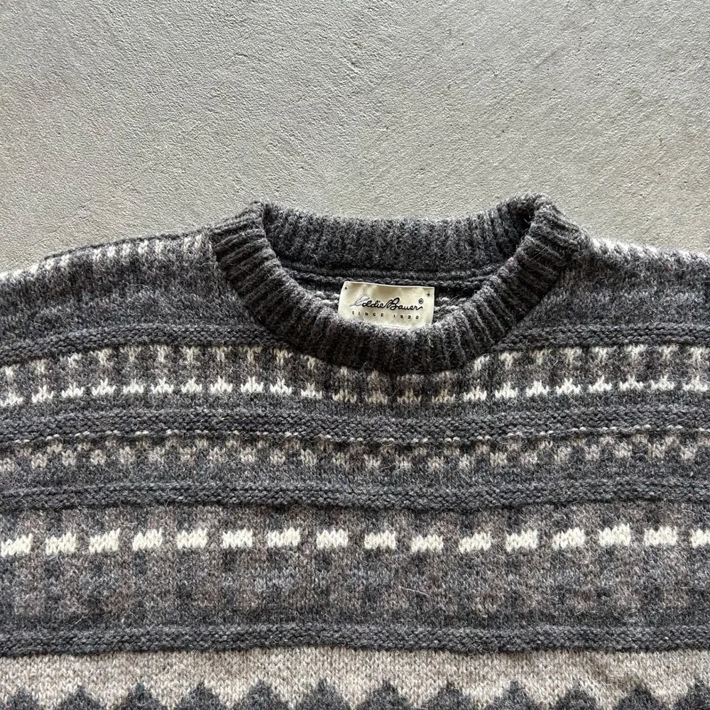 Vintage 90s Eddie Bauer Sweater Size Large Gray Striped Wool Pullover‎ USA Made